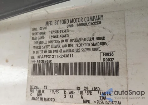 2001 Ford Focus Zx3 z USA, uszkodzony, nr VIN 3FAFP31311R243811